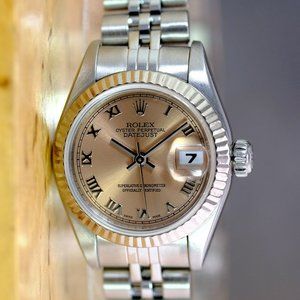ROLEX DATEJUST SALMON ROMAN DIAL 18K WHITE GOLD FLUTED STEEL JUBILEE WATCH 69174